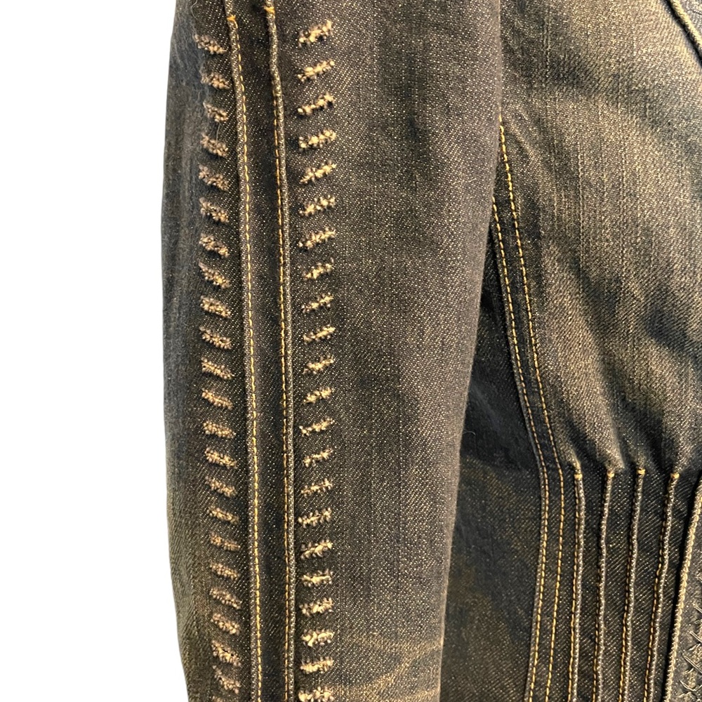 🌺 Ellie Tahari Distressed Vanessa Ruffle Jean Jacket - Picture 8 of 12